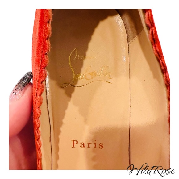 CHRISTIAN LOUBOUTIN “SCALOPUMP” 85 RED SUEDE SCALLOP TRIM LACE UP TIE HEELS 37.5 - Picture 16 of 17